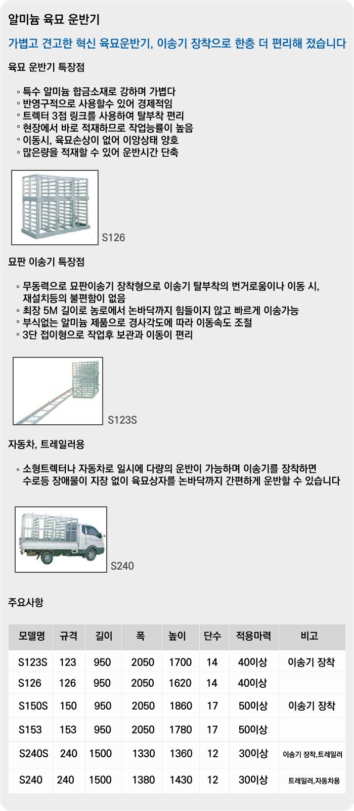 혁신농기계 육묘상자운반기 S240(차량용알루미늄) 뒤우측면